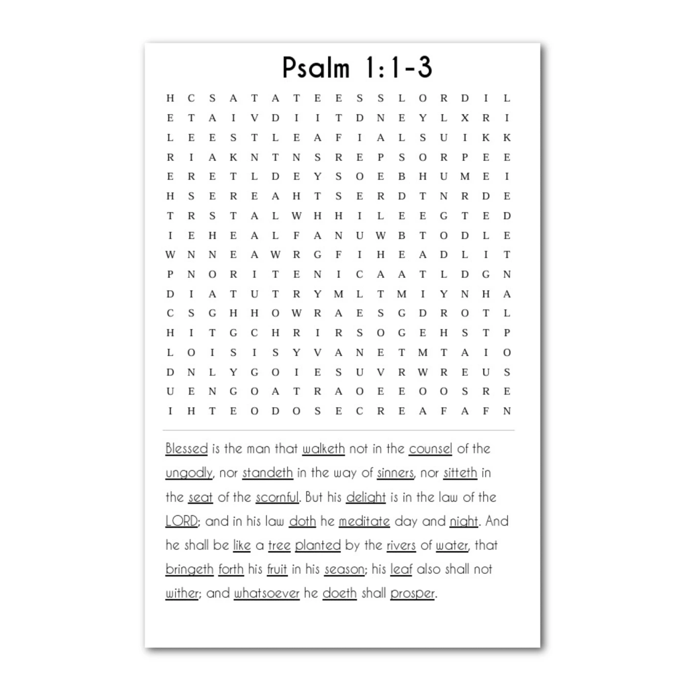 Interior page from a Searching Through Bible word search book showing the full Scripture text with underlined words.